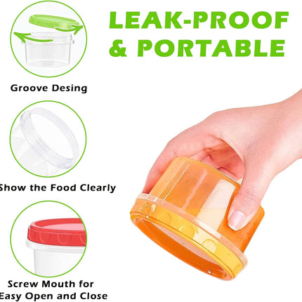 12 reusable 8-ounce plastic food containers with lids - deli containers - stackable food storage pots - dishwasher safe - microwave safe and freezer safe (red/green/yellow).