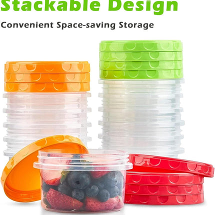 12 reusable 8-ounce plastic food containers with lids - deli containers - stackable food storage pots - dishwasher safe - microwave safe and freezer safe (red/green/yellow).