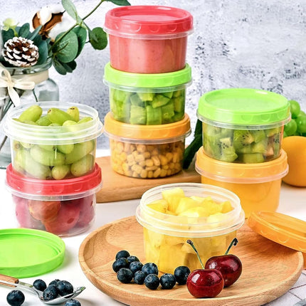 12 reusable 8-ounce plastic food containers with lids - deli containers - stackable food storage pots - dishwasher safe - microwave safe and freezer safe (red/green/yellow).