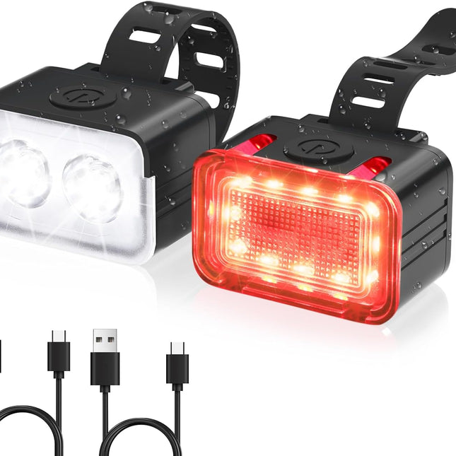 Bike light - IPX6 waterproof - Front and rear light - Rechargeable - Type-C charging port - 5+6 modes - Front and rear light combination - 300 lumens - Super bright - Night riding - Suitable for kids and adults - 106 g.