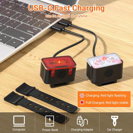 Bike light - IPX6 waterproof - Front and rear light - Rechargeable - Type-C charging port - 5+6 modes - Front and rear light combination - 300 lumens - Super bright - Night riding - Suitable for kids and adults - 106 g.