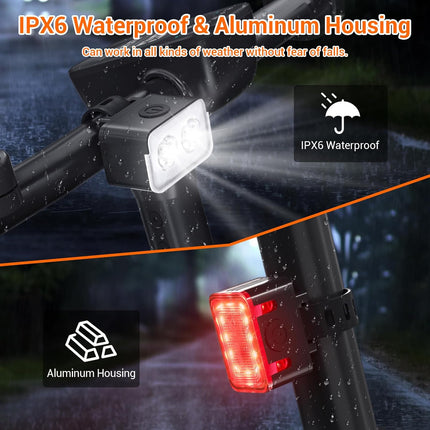 Bike light - IPX6 waterproof - Front and rear light - Rechargeable - Type-C charging port - 5+6 modes - Front and rear light combination - 300 lumens - Super bright - Night riding - Suitable for kids and adults - 106 g.
