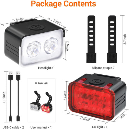 Bike light - IPX6 waterproof - Front and rear light - Rechargeable - Type-C charging port - 5+6 modes - Front and rear light combination - 300 lumens - Super bright - Night riding - Suitable for kids and adults - 106 g.