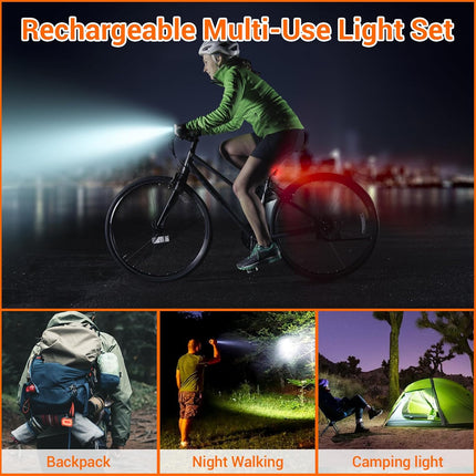 Bike light - IPX6 waterproof - Front and rear light - Rechargeable - Type-C charging port - 5+6 modes - Front and rear light combination - 300 lumens - Super bright - Night riding - Suitable for kids and adults - 106 g.