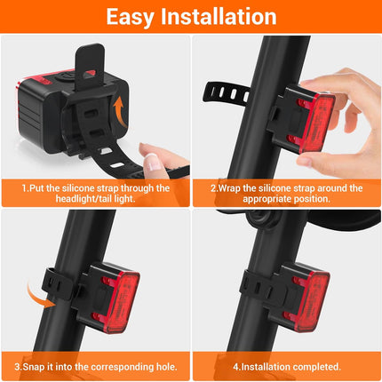 Bike light - IPX6 waterproof - Front and rear light - Rechargeable - Type-C charging port - 5+6 modes - Front and rear light combination - 300 lumens - Super bright - Night riding - Suitable for kids and adults - 106 g.