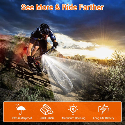 Bike light - IPX6 waterproof - Front and rear light - Rechargeable - Type-C charging port - 5+6 modes - Front and rear light combination - 300 lumens - Super bright - Night riding - Suitable for kids and adults - 106 g.