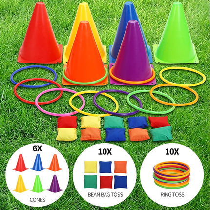 Spelset - 3-in-1 plastic kegel ring toss game - sandbag for kids - garden playset - indoor and outdoor playset for children (26 pieces).