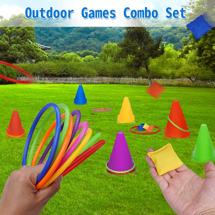Spelset - 3-in-1 plastic kegel ring toss game - sandbag for kids - garden playset - indoor and outdoor playset for children (26 pieces).