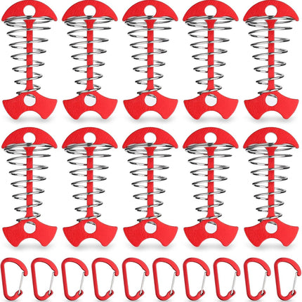 Carabiner Hook - Red - 10-pack - Ceiling Anchor with Carabiner Hook - Aluminium - Anchor - Spring Pin - Camping - Outdoor - Fishbone - Tent Anchor - Tent Rope - Spanner - Fishing Line - Adjuster - Pin.