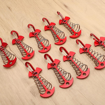 Carabiner Hook - Red - 10-pack - Ceiling Anchor with Carabiner Hook - Aluminium - Anchor - Spring Pin - Camping - Outdoor - Fishbone - Tent Anchor - Tent Rope - Spanner - Fishing Line - Adjuster - Pin.