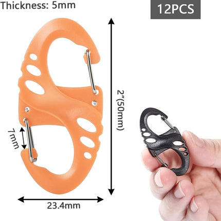 Carabiner Hooks - 12 pieces - 2 inch - plastic - S-shaped carabiner hook - paracord - keychain - hook - suitable for keychains, backpacks and zip clip accessories.