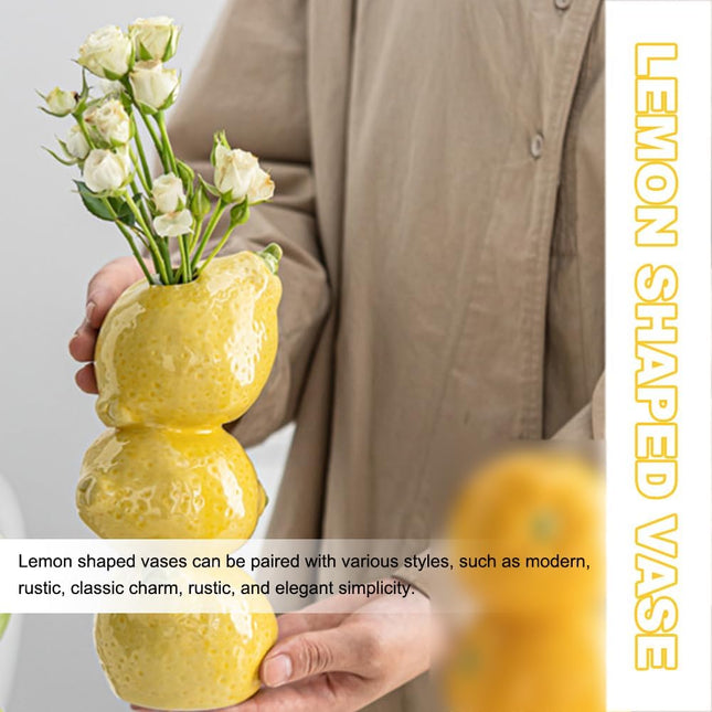 Citroenkeramiek vase - Unique fruit-shaped vase - 3D lemon design - Creative fruit and flower arrangement - Suitable for home and kitchen decor - Yellow.