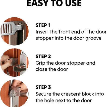 Doorstop - Portable door lock - Travel doorstop - Universal quick-install lock - Emergency lock - Child-safe doorstop - Anti-jam system - Theft security.