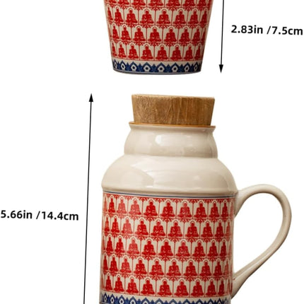Ceramic teapot set with teacups - white body with red patterns and blue rim - cork stoppers - traditional style - 460 ml.
