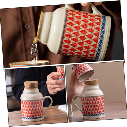 Ceramic teapot set with teacups - white body with red patterns and blue rim - cork stoppers - traditional style - 460 ml.
