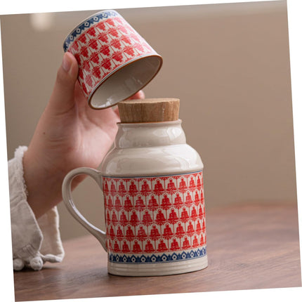 Ceramic teapot set with teacups - white body with red patterns and blue rim - cork stoppers - traditional style - 460 ml.