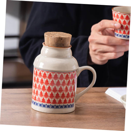 Ceramic teapot set with teacups - white body with red patterns and blue rim - cork stoppers - traditional style - 460 ml.