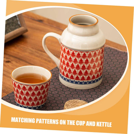 Ceramic teapot set with teacups - white body with red patterns and blue rim - cork stoppers - traditional style - 460 ml.
