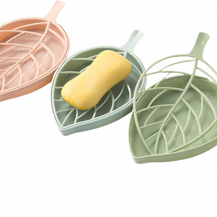 Soap dish set in leaf shape - soap dish and draining rack with double layer leaf design - removable wall-mounted storage rack suitable for showers - no drilling required (light green/blue/pink).