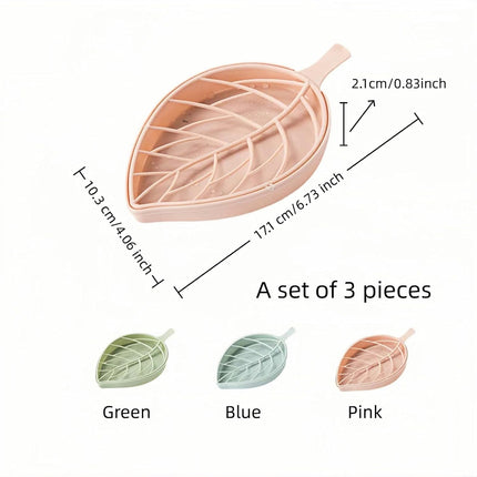Soap dish set in leaf shape - soap dish and draining rack with double layer leaf design - removable wall-mounted storage rack suitable for showers - no drilling required (light green/blue/pink).