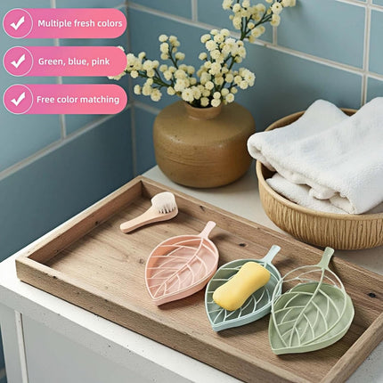 Soap dish set in leaf shape - soap dish and draining rack with double layer leaf design - removable wall-mounted storage rack suitable for showers - no drilling required (light green/blue/pink).