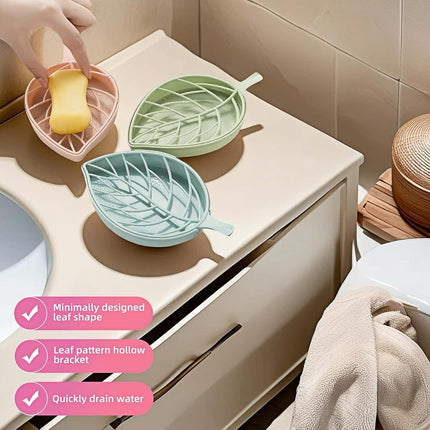 Soap dish set in leaf shape - soap dish and draining rack with double layer leaf design - removable wall-mounted storage rack suitable for showers - no drilling required (light green/blue/pink).