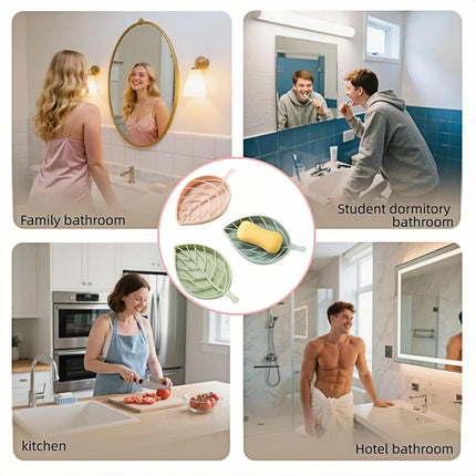 Soap dish set in leaf shape - soap dish and draining rack with double layer leaf design - removable wall-mounted storage rack suitable for showers - no drilling required (light green/blue/pink).