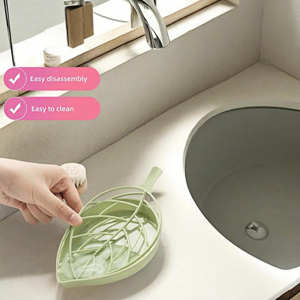 Soap dish set in leaf shape - soap dish and draining rack with double layer leaf design - removable wall-mounted storage rack suitable for showers - no drilling required (light green/blue/pink).
