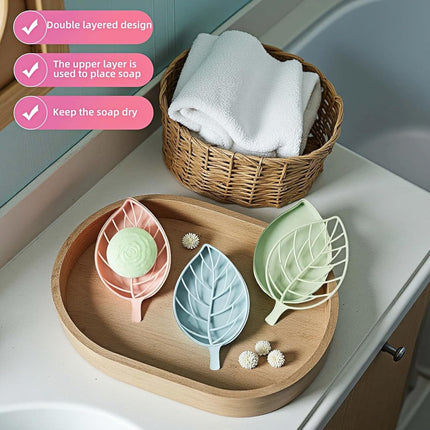 Soap dish set in leaf shape - soap dish and draining rack with double layer leaf design - removable wall-mounted storage rack suitable for showers - no drilling required (light green/blue/pink).