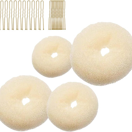 4-piece ring donut bun styler set with 20 gold hair clips, beige donut bun maker, hair rings, styling kit for dancers, ballerinas, girls, etc. and daily hair styling DIY (beige).