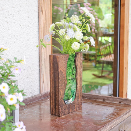 Vase with inlaid wood and glass - Rustic style wood and glass vase - Solid wood and glass vase - Vase for home decor - Table decoration (9.45 inches).