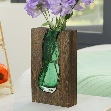 Vase with inlaid wood and glass - Rustic style wood and glass vase - Solid wood and glass vase - Vase for home decor - Table decoration (9.45 inches).