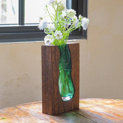 Vase with inlaid wood and glass - Rustic style wood and glass vase - Solid wood and glass vase - Vase for home decor - Table decoration (9.45 inches).
