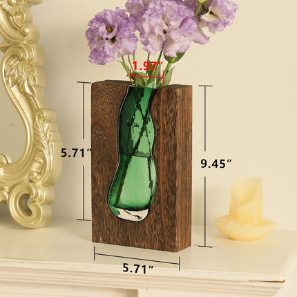 Vase with inlaid wood and glass - Rustic style wood and glass vase - Solid wood and glass vase - Vase for home decor - Table decoration (9.45 inches).
