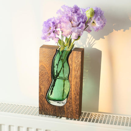 Vase with inlaid wood and glass - Rustic style wood and glass vase - Solid wood and glass vase - Vase for home decor - Table decoration (9.45 inches).