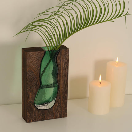 Vase with inlaid wood and glass - Rustic style wood and glass vase - Solid wood and glass vase - Vase for home decor - Table decoration (9.45 inches).