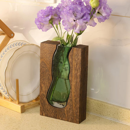 Vase with inlaid wood and glass - Rustic style wood and glass vase - Solid wood and glass vase - Vase for home decor - Table decoration (9.45 inches).
