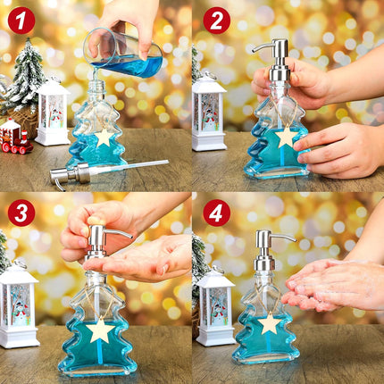 Soap Dispenser - Christmas Tree Shape - Glass - with Stainless Steel Pump - Christmas Decoration - Lotion Pump Bottle - Hand Soap Dispenser - Empty Pump - Suitable for Bathroom and Kitchen.