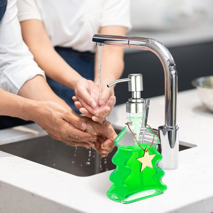 Soap Dispenser - Christmas Tree Shape - Glass - with Stainless Steel Pump - Christmas Decoration - Lotion Pump Bottle - Hand Soap Dispenser - Empty Pump - Suitable for Bathroom and Kitchen.