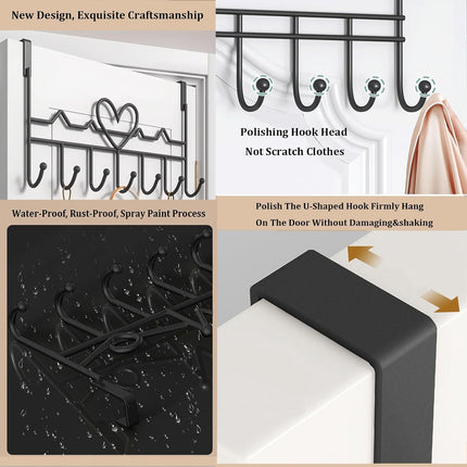Overdoor Hooks - No-Drill Clothes and Hat Hangers - Door Hooks - Can hang jackets, towels, bags, bathrobes, etc. (2-pack - Black).