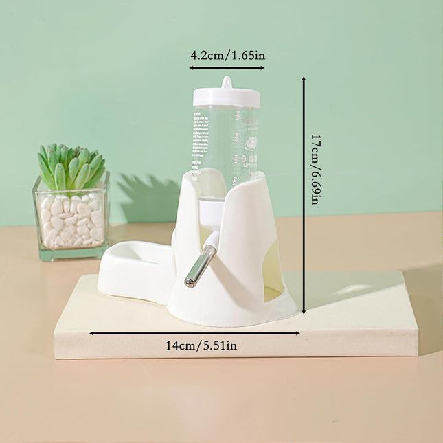 White hamster water bottle with standard, food bowl base, automatic water dispenser, suitable for dwarf hamsters, gerbils and other small animals..