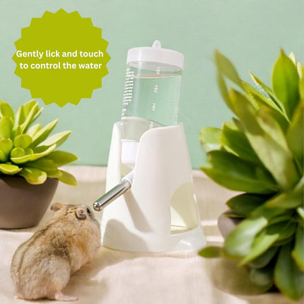 White hamster water bottle with standard, food bowl base, automatic water dispenser, suitable for dwarf hamsters, gerbils and other small animals..