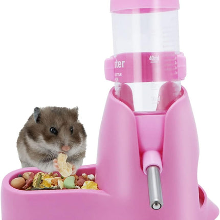 Water bowl for small animals - 3-in-1 hanging water bottle for hamsters - Automatic pet water bowl with stand - Suitable for dwarf hamsters, mice, rats and hedgehogs (80 ml - Pink).