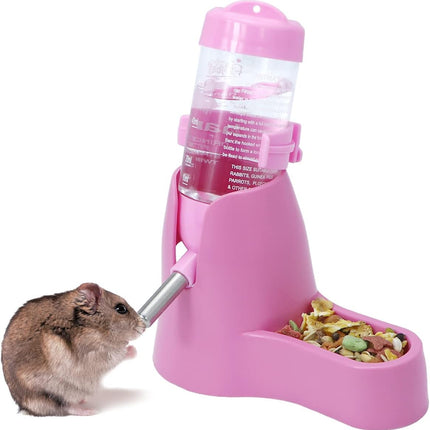 Water bowl for small animals - 3-in-1 hanging water bottle for hamsters - Automatic pet water bowl with stand - Suitable for dwarf hamsters, mice, rats and hedgehogs (80 ml - Pink).