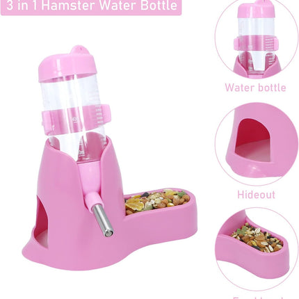 Water bowl for small animals - 3-in-1 hanging water bottle for hamsters - Automatic pet water bowl with stand - Suitable for dwarf hamsters, mice, rats and hedgehogs (80 ml - Pink).