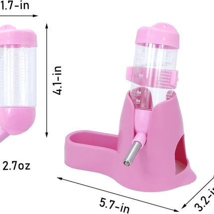 Water bowl for small animals - 3-in-1 hanging water bottle for hamsters - Automatic pet water bowl with stand - Suitable for dwarf hamsters, mice, rats and hedgehogs (80 ml - Pink).