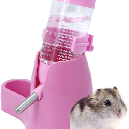 Water bowl for small animals - 3-in-1 hanging water bottle for hamsters - Automatic pet water bowl with stand - Suitable for dwarf hamsters, mice, rats and hedgehogs (80 ml - Pink).