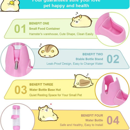 Water bowl for small animals - 3-in-1 hanging water bottle for hamsters - Automatic pet water bowl with stand - Suitable for dwarf hamsters, mice, rats and hedgehogs (80 ml - Pink).