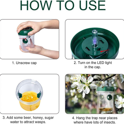 2-pack solar-powered wasp traps - Hanging wasp traps for outdoors - Suitable for wasps, hornets, bumblebees, etc. outdoors - With UV-LED light.
