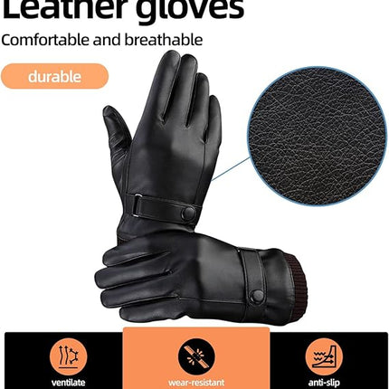 Black winter gloves made of genuine leather - warm and insulated gloves - adjustable size - compatible with touchscreen devices - non-slip palm - cashmere lining - windproof, rainproof and snowproof.